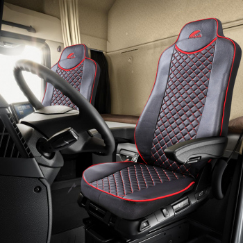 SET HUSE SCAUN TRUCK PENTRU SCANIA R SERIE 2006-2020 ECO LEATHER BLACK+RED UMBRELLA