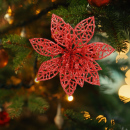 Ornament de Crăciun - cu cleme - floare cu sclipici - roșu - 3 buc/pachet