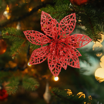 Ornament de Crăciun - cu cleme - floare cu sclipici - roșu - 3 buc/pachet