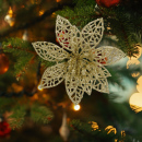 Ornament de Crăciun - cu cleme - floare cu sclipici - auriu - 3 buc/pachet