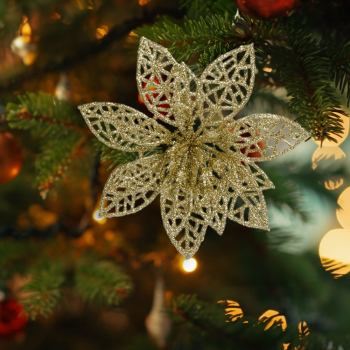 Ornament de Crăciun - cu cleme - floare cu sclipici - auriu - 3 buc/pachet