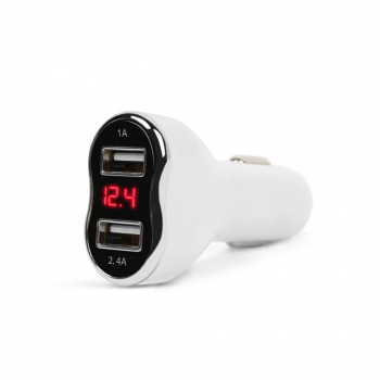 Încarcător brichetă auto telefon - 2 x USB, cu voltmetru - alb