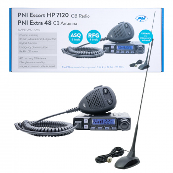 Kit statie radio CB PNI Escort HP 7120 ASQ, RF Gain, 4W, 12V si antena CB PNI Extra 48 cu magnet inclus, 45cm, SWR 1.0 AM/FM comutati doar in banda EU