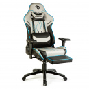 Scaun de gaming ergonomic cu pernă, tetieră, suport picioare și spătar rabatabil, gri/negru/albastru, 84 x 52 / 48 x 50 cm