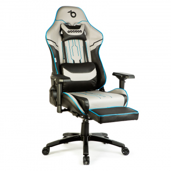 Scaun de gaming ergonomic cu pernă, tetieră, suport picioare și spătar rabatabil, gri/negru/albastru, 84 x 52 / 48 x 50 cm