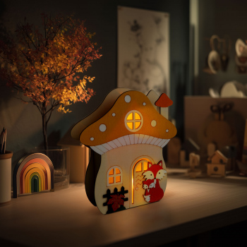 Decorațiune luminoasă de toamnă – căsuță-ciupercă cu vulpe – lemn – 15 x 16 x 5 cm