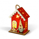 Decorațiune de Crăciun cu LED – căsuță cu spiriduș – lumină alb cald – roșu – 7,5 x 5 x 10 cm