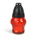 Lumânare din sticlă roșie cu capac din plastic negru – 14 cm