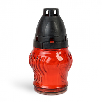 Lumânare din sticlă roșie cu capac din plastic negru – 14 cm
