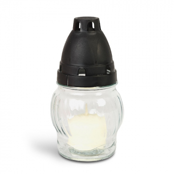 Lumânare din sticlă albă cu capac din plastic negru – 14 cm