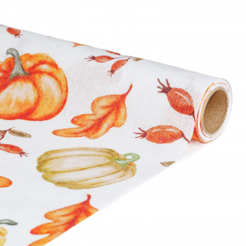 Traversă de masă decorativă – 180 x 28 cm – 70% poliester, 30% bumbac – model dovleac și frunze