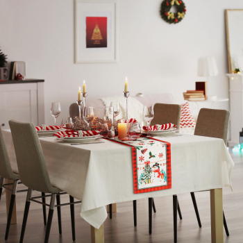 Traversă decorativă de masă – model spiriduș – 183 x 33 cm – roșu/negru – poliester