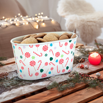 Coș decorativ din metal – model bastonașe dulci (candy cane) – 19 x 11,5 x 9,5 cm